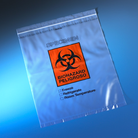 Globe Scientific Bag, Biohazard Specimen Transport, 12" x 15", Ziplock with Score Line and Document Pouch, 100/Pack, 5 Packs/Unit Image